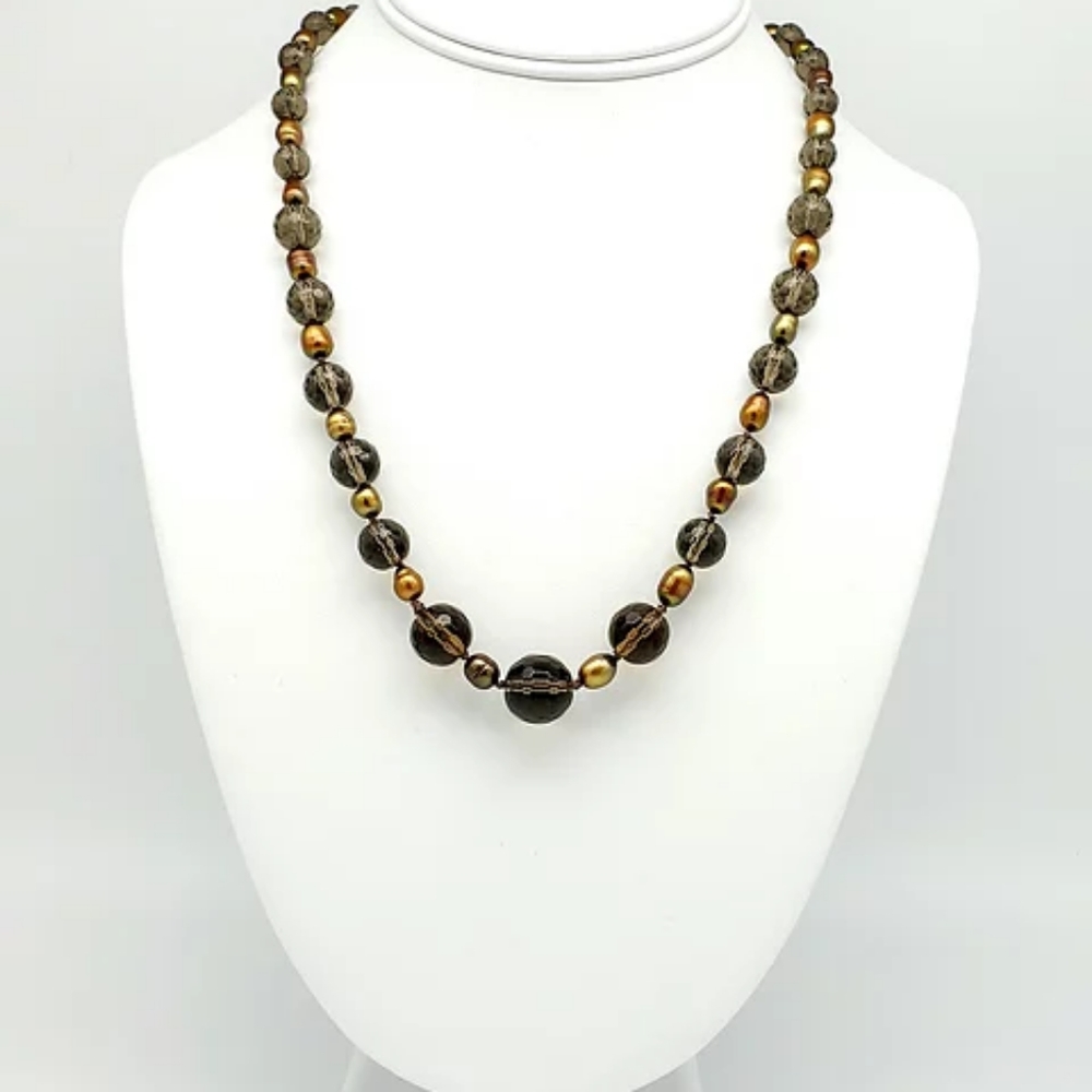 Graduated Smokey Quartz & Pearl Necklace 14 kt Gol